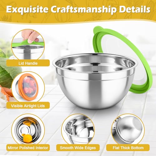Mixing Bowls 3PCS Stainless Steel Serving Salad Bowls (Multicolor / Transparent Airtight Lids)
