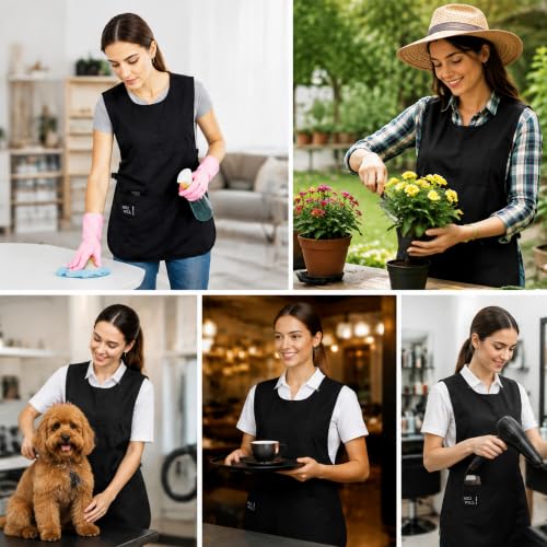 Waterproof Cobbler Apron with 4 Pockets Vest Smock Apron for Men Women Chef Waiter Work (Black)