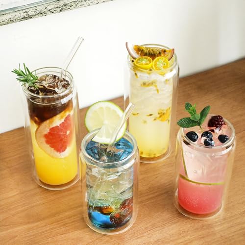 Double Wall Drinking Glass Cups with Bamboo Lids & Straws (11.8 Ounces)