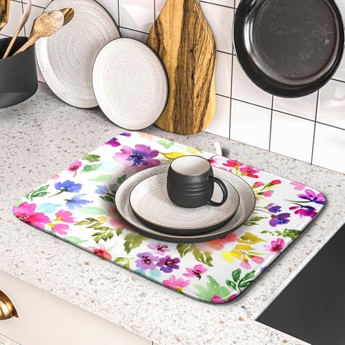 Spring Floral Dish Drying Mat for Kitchen Counter Flower Microfiber Absorbent Dish Draining Reusable Washable Foldable 16"x18" (18" x 16")