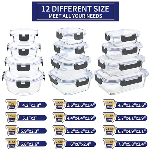 12 Pack Glass Storage Containers with Lids (Grey / Variable)
