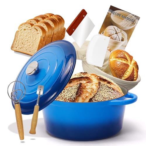 5QT Enameled Cast Iron Bread Oven with Proofing Basket for Bread Baking (Blue / 5 QT (Bread Pan))