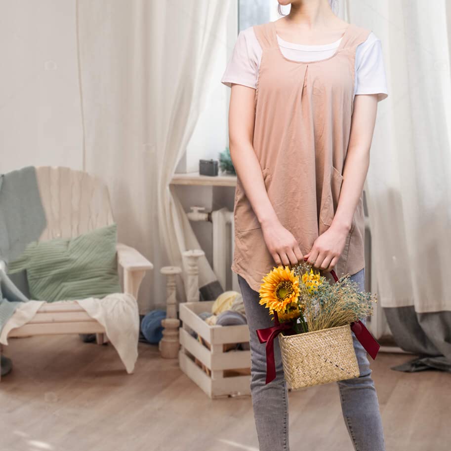 Japanese Apron for Women with 2 Roomy Pockets Linen Cross Back Aprons Cute Pinafore Dress For Kitchen Cooking Baking Work Gardening Painting Crafting (Beige)