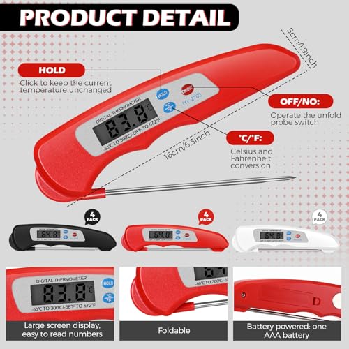 12 Pcs Digital Meat Thermometer with Probe Instant (Black, Red, White)
