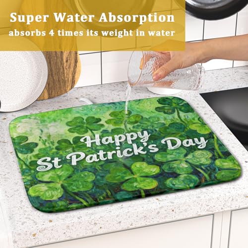 St Patricks Day Lucky Clover Dish Drying Mat for Kitchen Counter 16x18 Green Shamrock Happy Holiday Theme Absorbent Reversible Microfiber Drying Mats Kitchen Countertop Protector Dishes Drainer Pad (16" x 18")