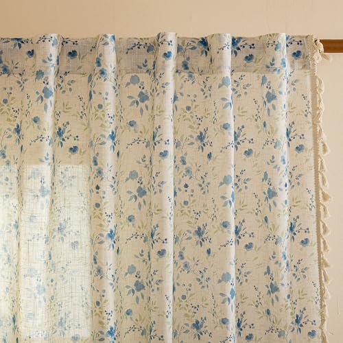 Blue Floral Semi Sheer Boho Linen Curtains 63 Inch Length 2 Panels for Living Room Bedroom Light Filtering Spring Vintage Farmhouse French Tassels Back Tab Drapes (Blue and Green / 50"W x 63"L (Pack of 2))