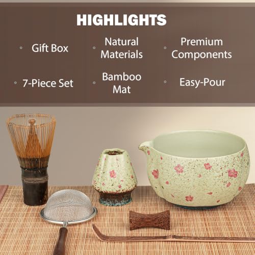 Matcha Set, 7-Piece Matcha Whisk Set with Bowl & 100-Prong Whisk (Beige-Sakura)