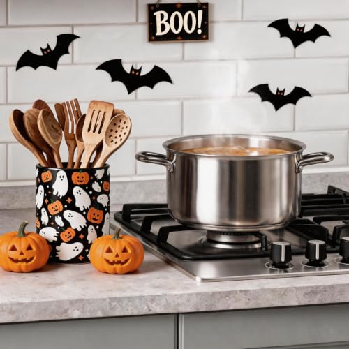 Halloween Ceramic Utensil Holder Ghost Pumpkin Kitchen Crock (Halloween Black Ghost)