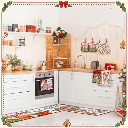 10 Pcs Christmas Gingerbread Man Kitchen Decor and Accessories Set Kitchen Towels Pot Holders Oven Mitts and Rugs for Baking Cooking BBQ Mom Housewarming Gifts (White,green,red / Cute Gingerbread Man)