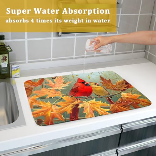 Fall Birds Dish Drying Mat 18x24 Inch Autumn Maple Leaf Tree Dish Drainer Mats Thanksgiving Decorative Microfiber Reversible Dish Drying Rack Pad Large for Kitchen Countertop Tabletop (24" x 18")