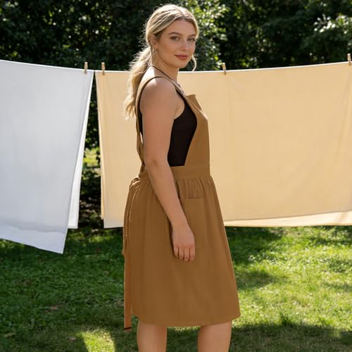 Apron for Women with Pockets Cotton Linen Metal Clip Adjust Kitchen Cooking Baking Gardening Aprons Dress Pocket Chef Apron Utility Waist Tie (1 Pack-coffee)