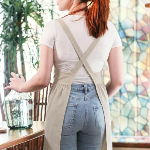 Vintage Apron for Women with Pockets Adjustable Straps for Kitchen (Beige)