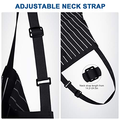2 Pack Adjustable Bib Apron with 3 Pockets Cooking Kitchen Aprons for Women Men Chef (Stripe Black Bold / 2 Polyester)