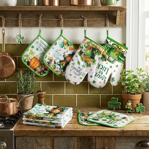 12 Pcs St. Patrick's Day Kitchen Towels Pot Holders and Oven Mitts Set 4 Green Clover Dish Towels 4 Shamrock Leprechaun Coins Oven Mitts 4 Gnomes Potholders for Xmas Dish Baking Decorative (Green Clover)