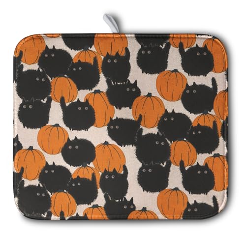 Happy Halloween Dish Drying Mat for Kitchen Counter 16x18 Inch Cute Pumpkin Black Cat Trick or Treat Drying Mats Large Microfiber Absorbent Dish Rack Pad for Coffee Bar Sinks Home Accessories (Halloween Cat / 16" x 18")