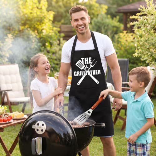 Kitchen Apron Cotton Waterdrop Resistant Adjustable Button Women Men (Black - the Grillfather)