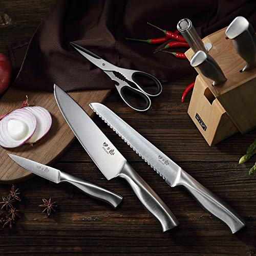 Knife Set 8 Piece German Stainless Steel Hollow Handle Manual Knife Sharpener Forged Kitchen Knives Set with Oak Wooden Block Gift