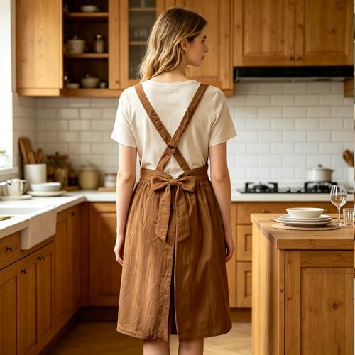 Apron for Women with Pockets Cotton Linen Metal Clip Adjust Kitchen Cooking Baking Gardening Aprons Dress Pocket Chef Apron Utility Waist Tie (1 Pack-coffee With Red Green Floral)