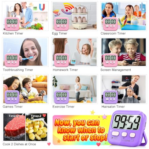 2 Pack Digital Timer for Kids Classroom Kitchen Timers for Cooking (2 * Pink + Purple)