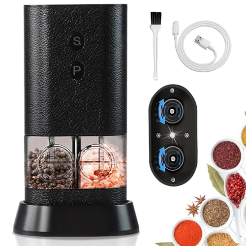Dual Chamber Electric Pepper and Salt Grinder (Black/Leather)