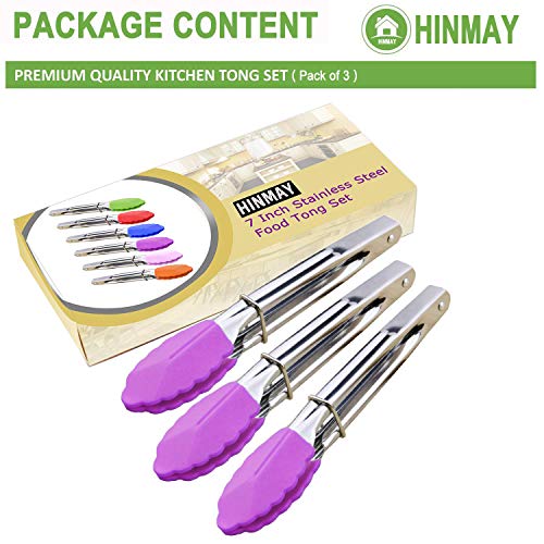 7 Inch Stainless Steel Tongs with Silicone Tips (7-inch / Purple)