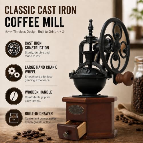 Vintage Manual Coffee Grinder with Cast Iron Ferris Wheel Hand Crank (Espresso Brown (Hexagon Base))
