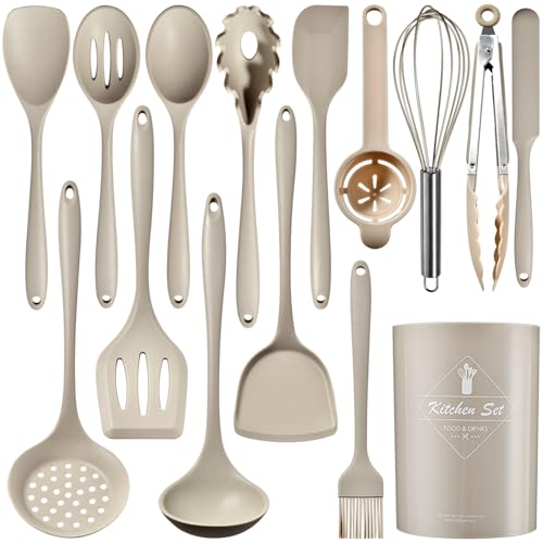 Silicone Kitchen Utensils Set (Khaki / 15 Piece Set)