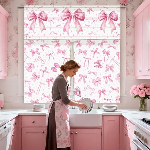 13 Pcs Pink Bow Kitchen Decor Set 3 Coquette Kitchen Curtains Valance 2 Aesthetic Rugs and Mats 4 Girly Hand Towels 2 Pink Pot Holders 2 Oven Mitts for Home Decor Cooking Grilling Housewarming Gift (Pink Bow)