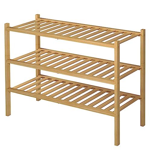 3 Tier Bamboo Shoe Rack for Closet Free Standing Wood Shoe Shelf Storage Organizer for Entryway Small Space Stackable 27"x11"x20" (Natural / 3 Tier)
