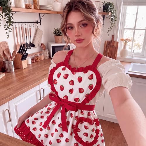 Red Strawberry Apron for Women Ruffle Cross Back with Pockets (Red Strawberry)