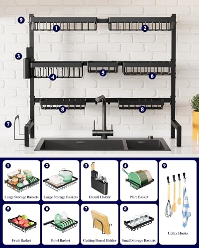 Adjustable Over The Sink Dish Drying Rack (Black / X-Large)