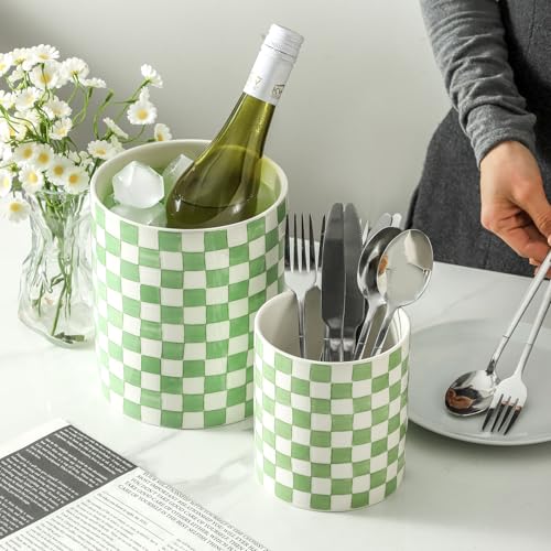 7" Ceramic Hand painted Utensil Holder (Green)