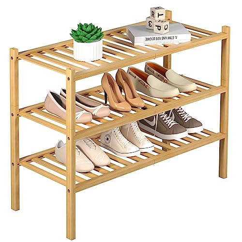 3 Tier Bamboo Shoe Rack for Closet Free Standing Wood Shoe Shelf Storage Organizer for Entryway Small Space Stackable 27"x11"x20" (Natural / 3 Tier)