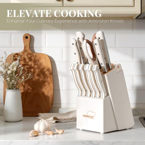 Knife Set Kitchen Knives Set with Block and Sharpener 14 Pcs Full Tang Knives German Stainless Steel Dishwasher Safe Kitchen Utensils Set with Ergonomic Handle Gifts for Women