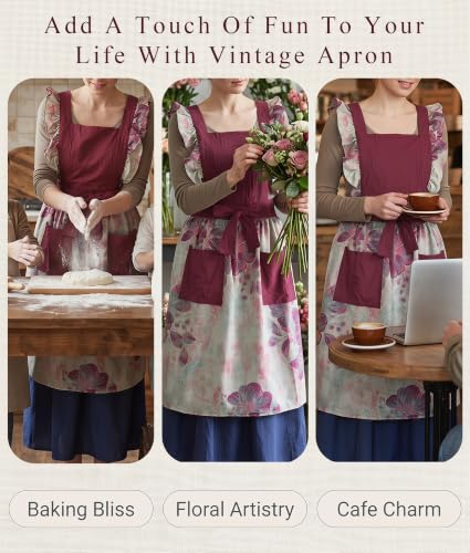 Vintage Aprons for Women with Pockets Cute Pinafore Apron Dress for Kitchen Cooking Baking Gardening (Ruffle Dark Red)