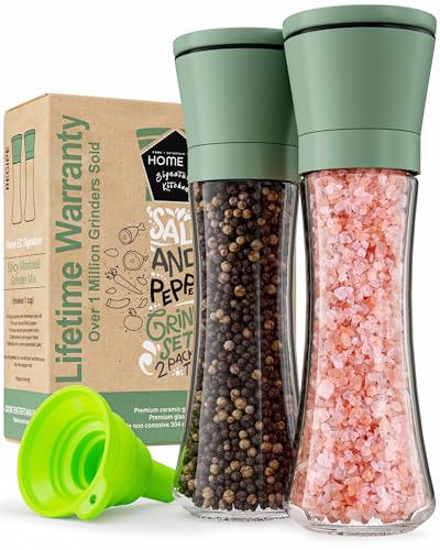 Premium Green Sea Salt and Pepper Grinder Set of 2 (Green Cap/Clear Glass / 2pk)