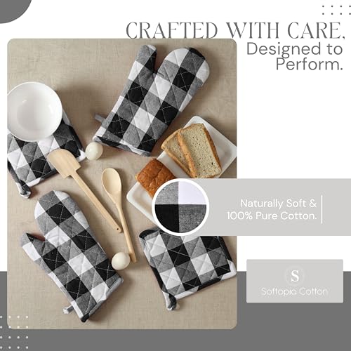 Oven Mitt & Pot Holder Buffalo Plaid Check 100% Cotton Heat Resistant Oven Gloves (Black, Buffalo Plaid)