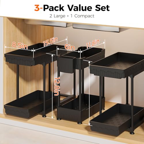 3-Pack 2-Tier Under Sink Organizers with Sliding Drawers (12.8 Inch / Black 2-Tier Sliding)