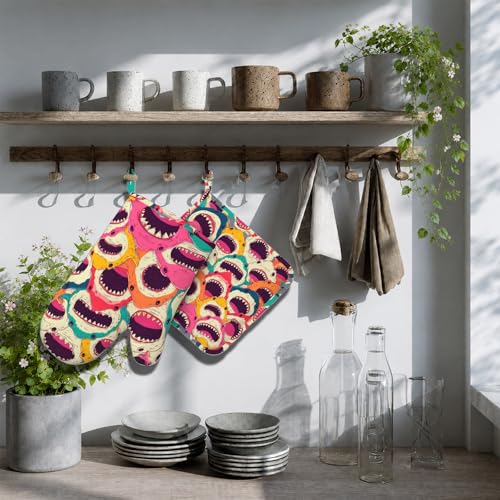 Colorful Shark Oven Mitts and Pot Holders Sets Angry Sharks Non (Colorful Shark)