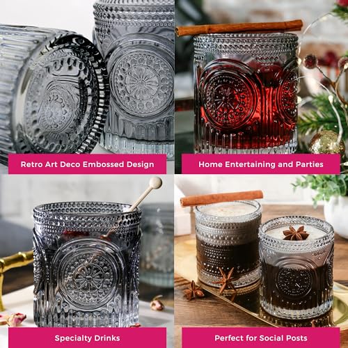 Ribbed Retro Arch Floral Smoke Grey Drinking Glasses Set of 6 (10 oz / Smoke Grey)