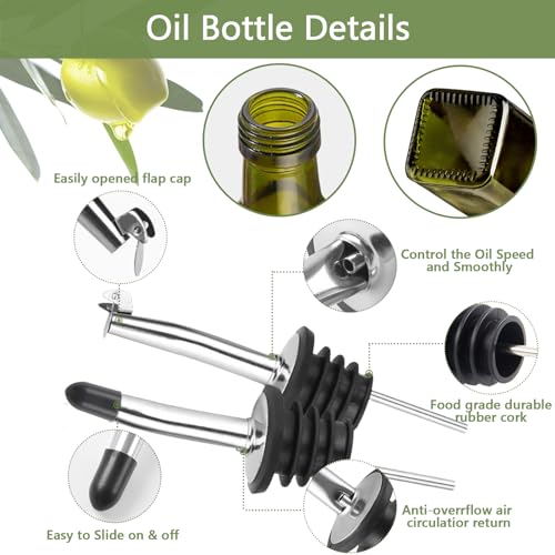 Glass Olive Oil Dispenser and Vinegar Dispenser Set with 2 Stainless Steel Pourers