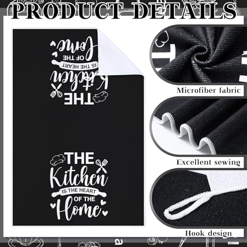 12 Pcs Farmhouse Kitchen Decor and Accessories Sets 4 Black Kitchen Towels 4 Absorbent Dishcloths 2 Pot Holders 2 Oven Mitts Gloves for Home Decorations Mom Gifts (Black / Refined)