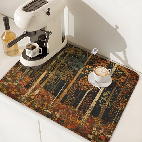 Fall Dish Drying Mat for Kitchen Counter Autumn Forest Vintage Botanical Nature Microfiber Dish Drainer Mat Antique Rustic Farmhouse Absorbent Washable Drying Pad 18"x24" (Fall Forest / 24" x 18")
