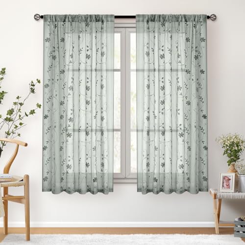 Sage Green Sheer Curtains 63 Inches Length 2 Panels Embroidered Floral Pattern Semi Sheer Window Curtains for Bedroom Living Room (52"W x 63"L (Pack of 2) / Sage Green)