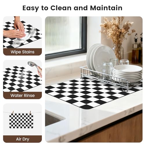 Checkered Dish Mat for Kitchen Coffee Station (Black / 16" x 24")