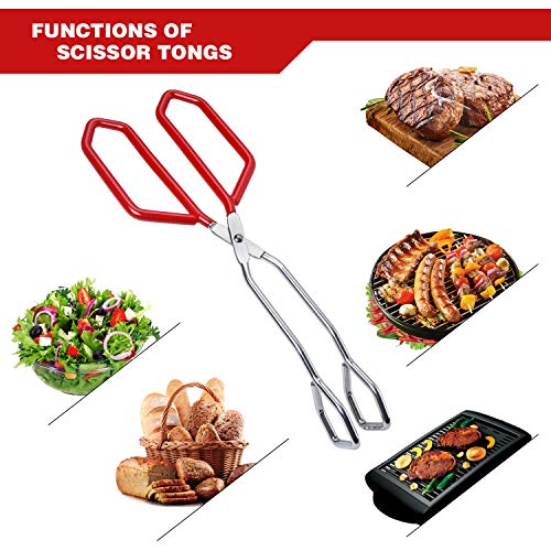 Stainless Steel Scissor Tongs Heavy Duty Cooking Tongs with Soft Handles (red 11"+11")