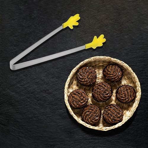Mini Food Tongs 5.67" Hand Shape Stainless Steel with Silicon Tips Small Cooking Tongs Kitchen Food Tongs Serving Tongs for Cooking Grilling BBQ Barbecue Kitchen (Yellow)
