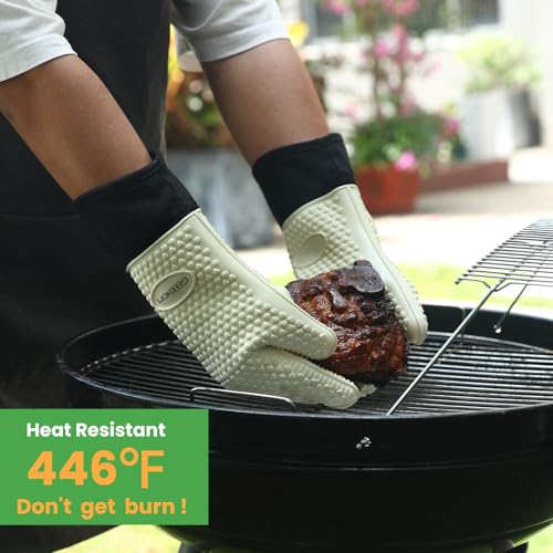 BBQ Gloves Heat Resistant Oven Mitts (Beige / Large)