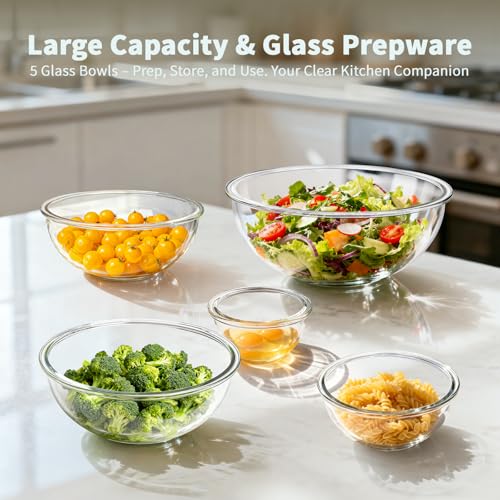 Glass Mixing Bowl with Lids Set of 5 (5 Mixing Bowls with Lids (0.2-3.75QT))