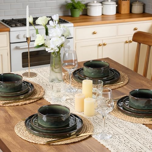 12 Pieces Stoneware Dinnerware Set (12-Piece / Moss Green)